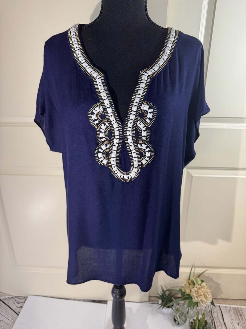 Lilly Pulitzer Valencia Navy Blue Viscose Beaded V-Neck Top